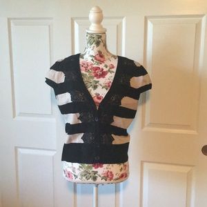 INC Striped cardigan with lace detail.